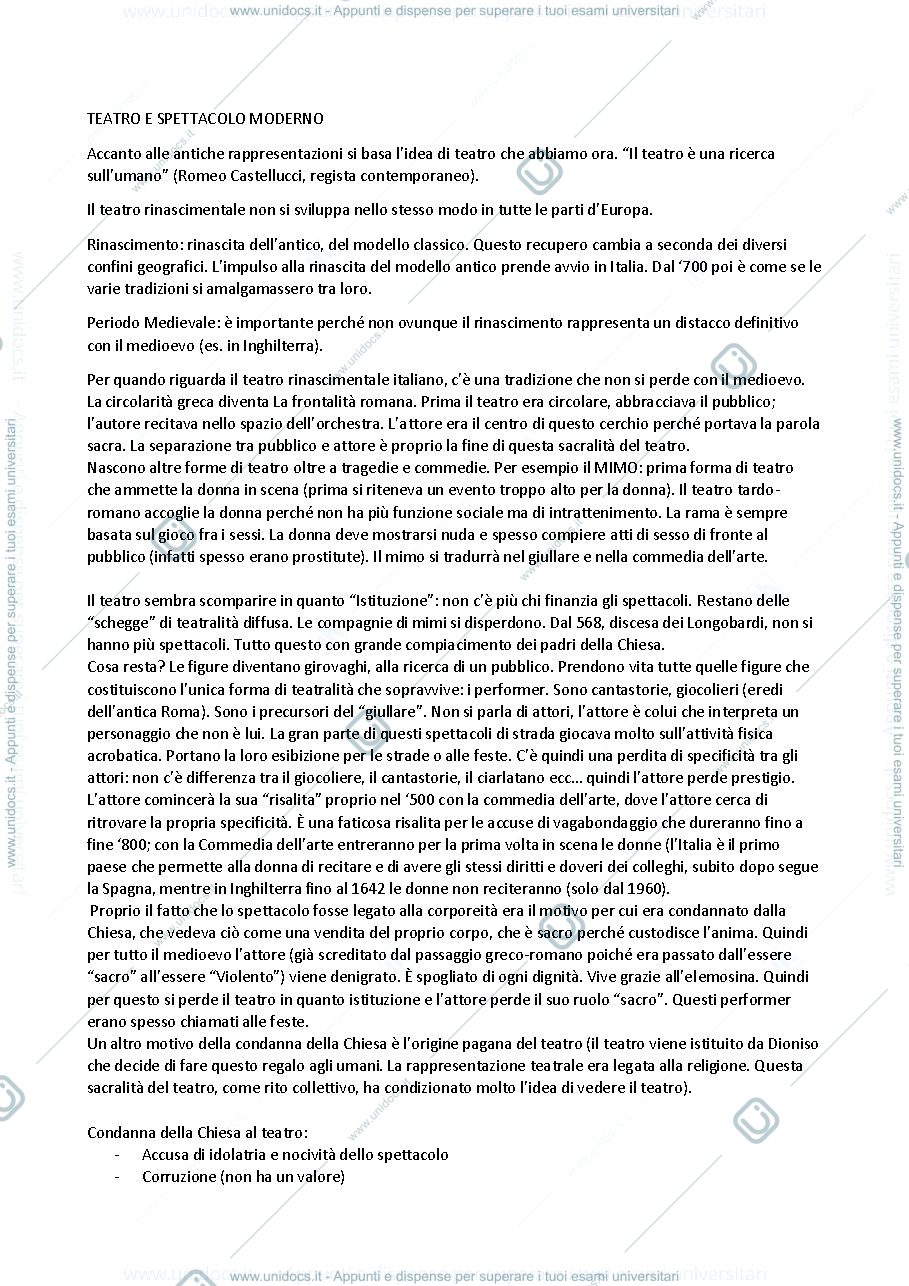 Anteprima pagina 1 — Teatro e Spettacolo Moderno e Contemporaneo I 