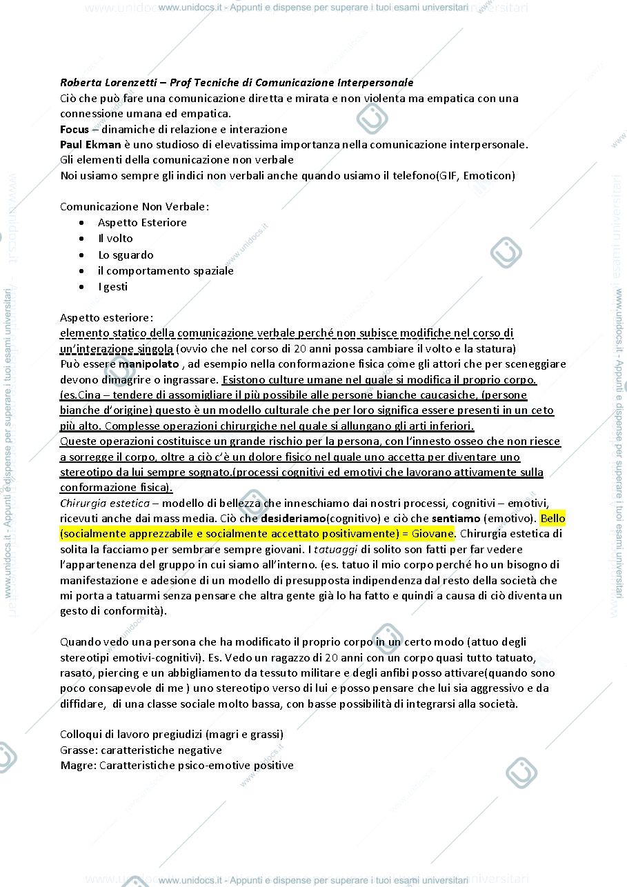 Anteprima pagina 1 — TECNICHE DI COMUNICAZIONE INTERPERSONALE - appunti