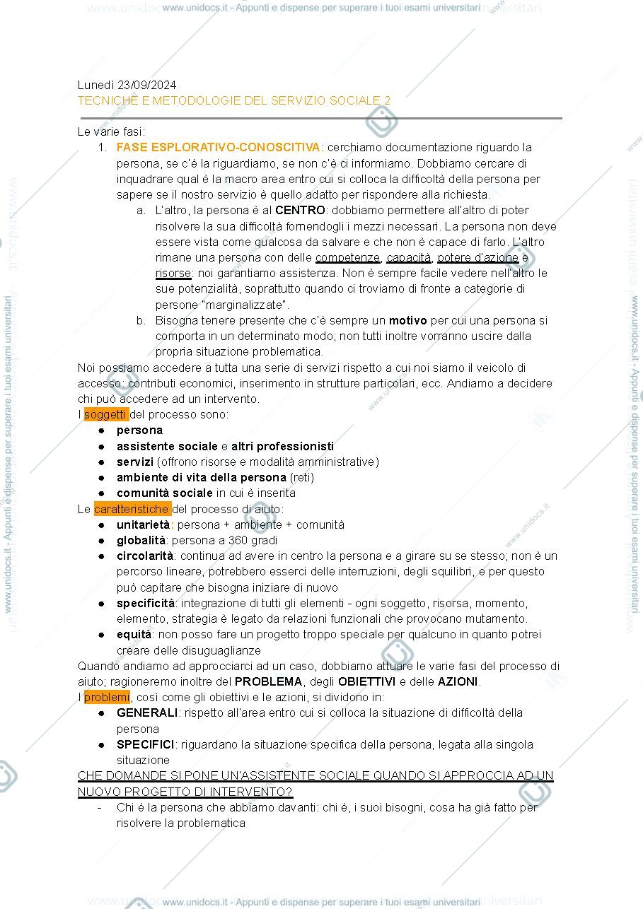 Anteprima pagina 1 — Appunti Tecniche e Metodologie del Servizio Sociale 2