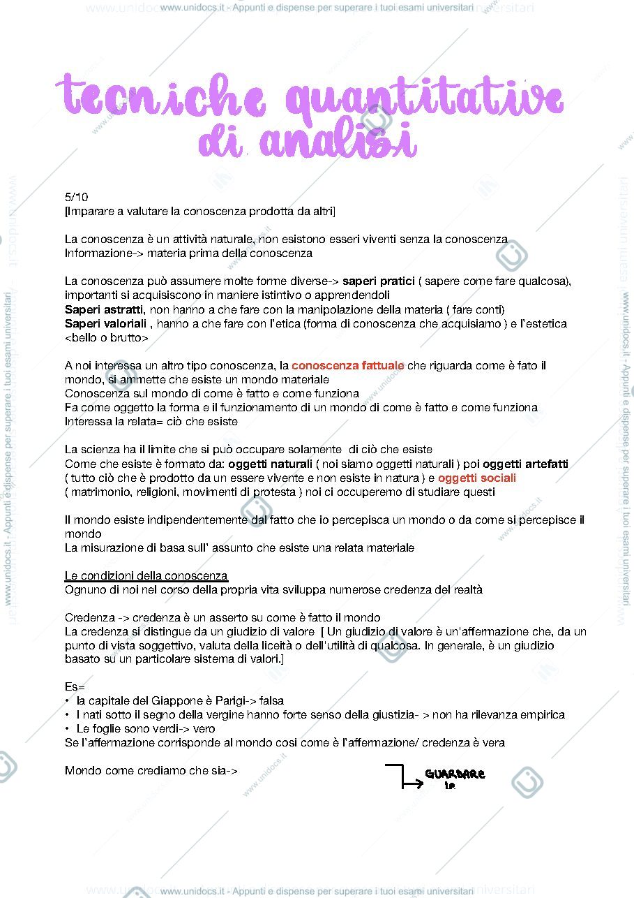 Anteprima pagina 1 — Tecniche quantitative di analisi prima parte 