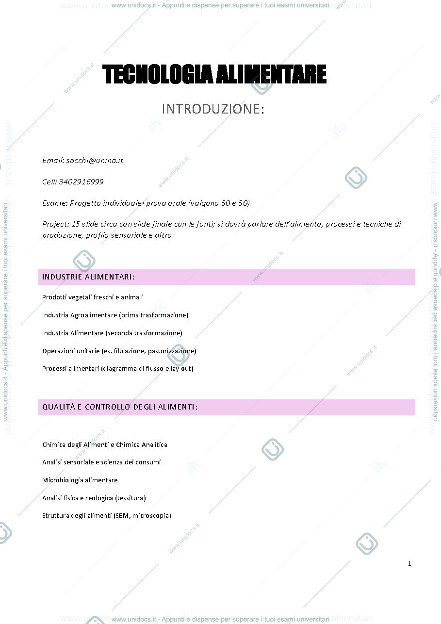 Anteprima pagina 1 — TECNOLOGIA DEGLI ALIMENTI 