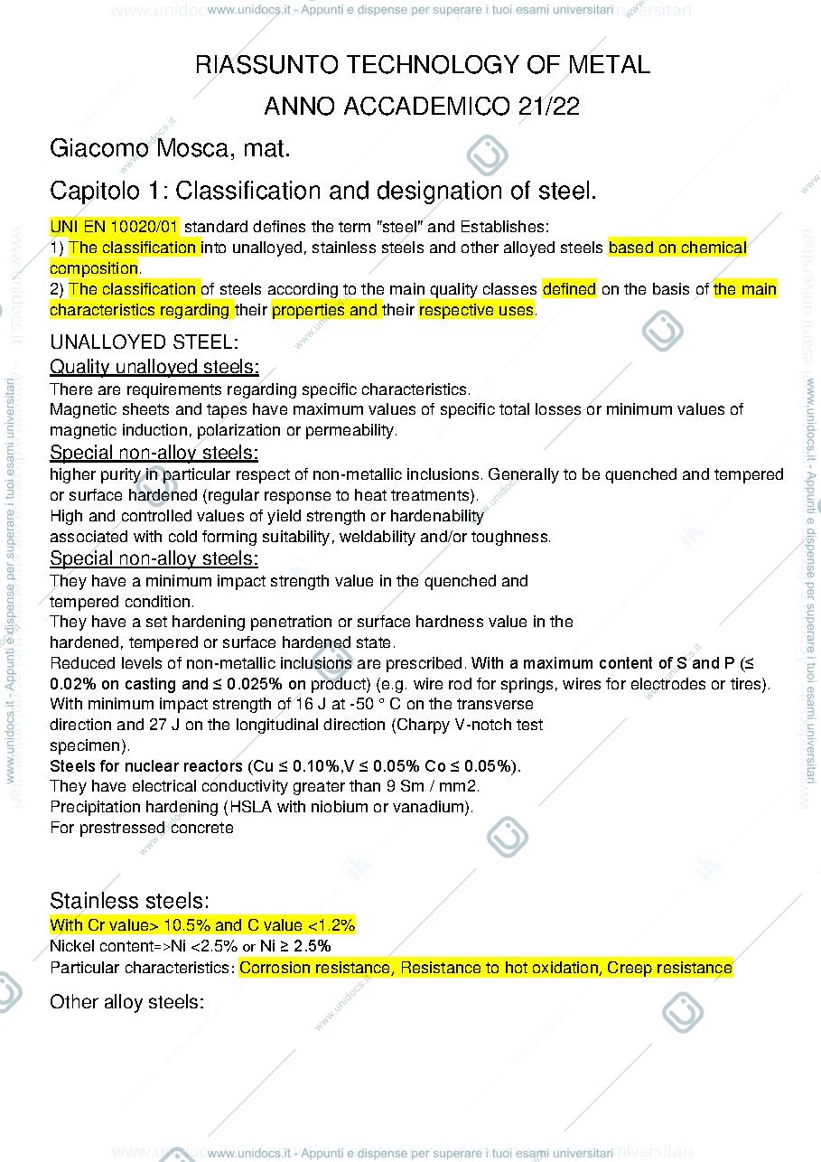 Anteprima pagina 1 — Riassunto technology of metals