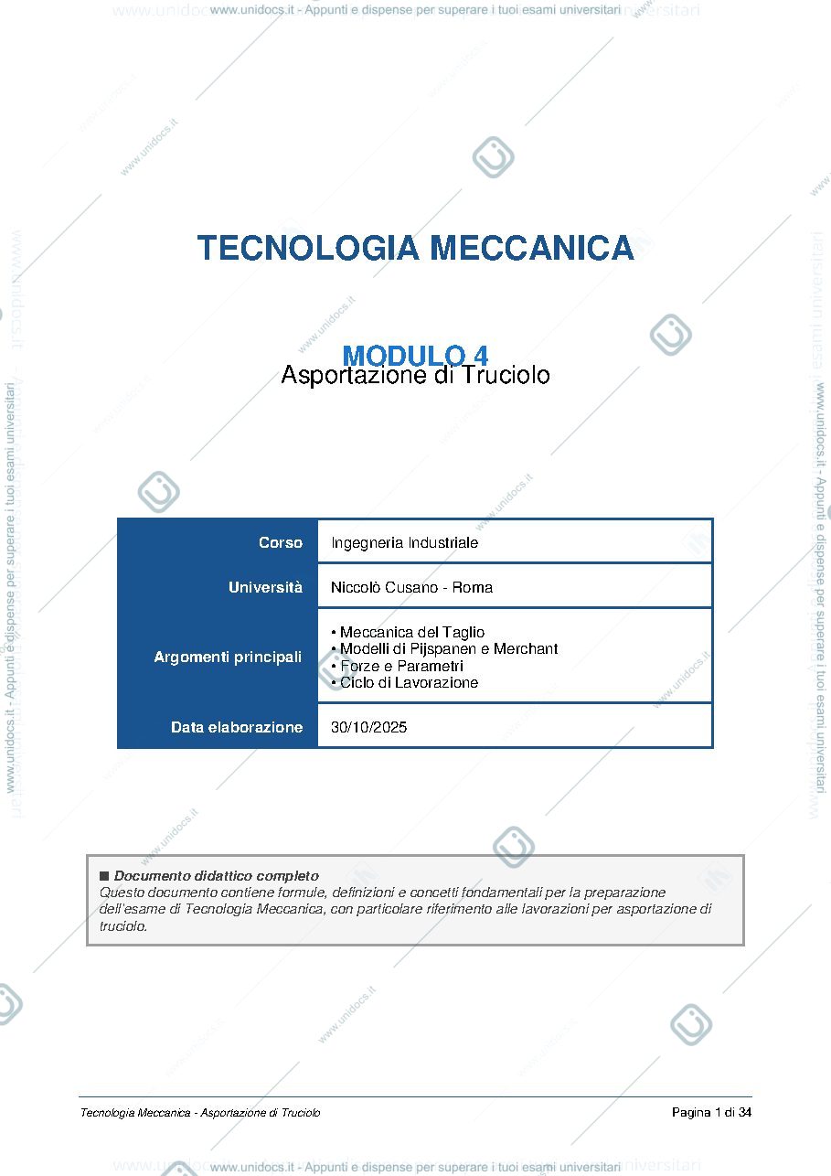 Anteprima pagina 1 — TECNOLOGIA MECCANICA MODULO 4 Asportazione di Truciolo