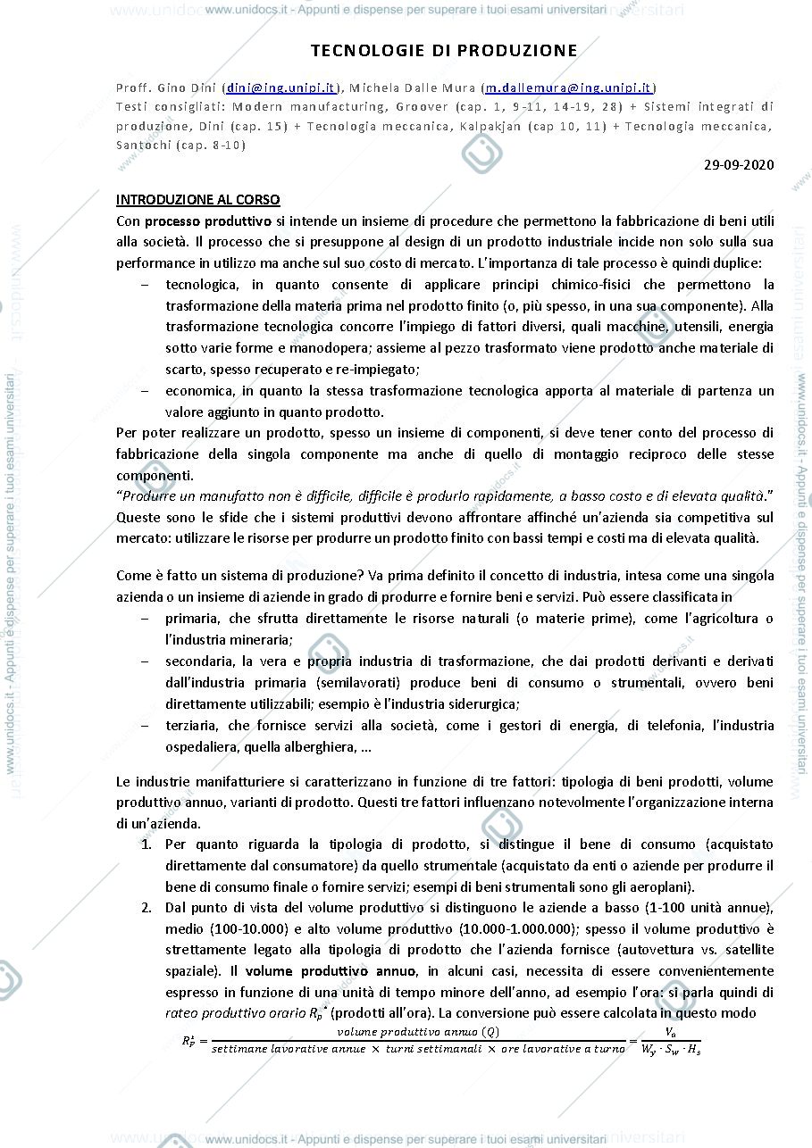 Anteprima pagina 1 — Appunti Tecnologie di produzione