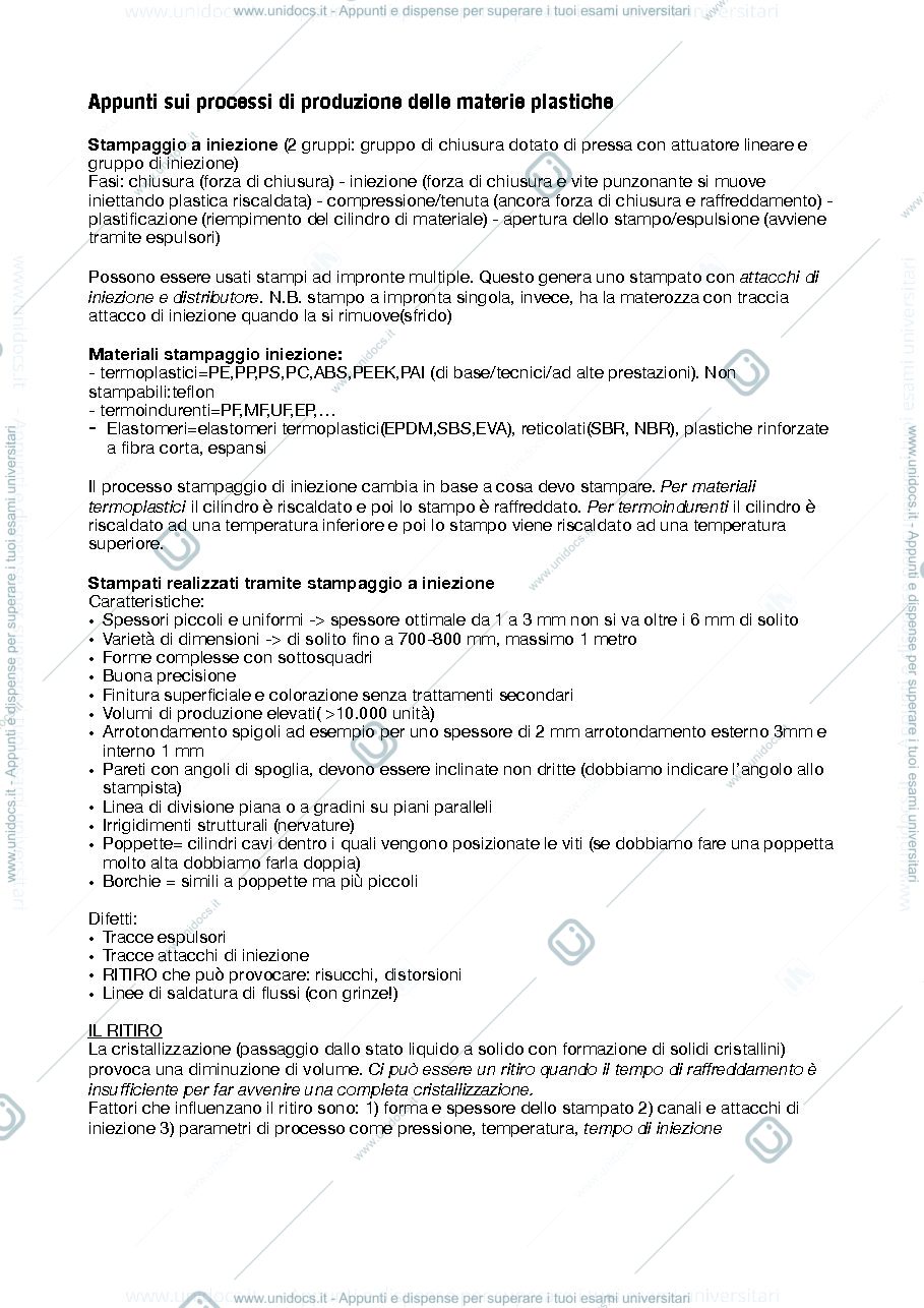 Anteprima pagina 1 — Appunti sui processi di produzione delle materie plastiche