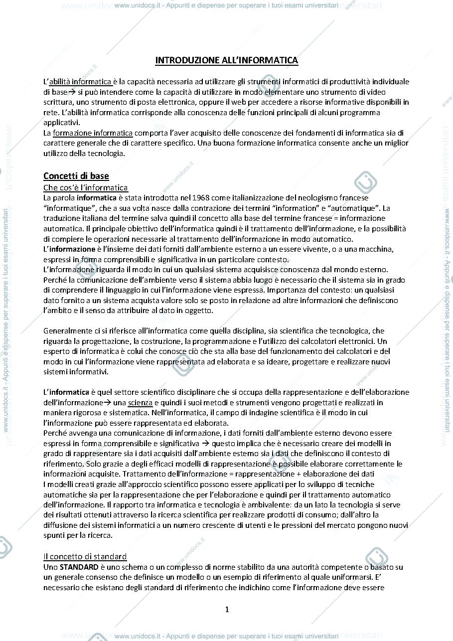 Anteprima pagina 1 — introduzione all'informatica 