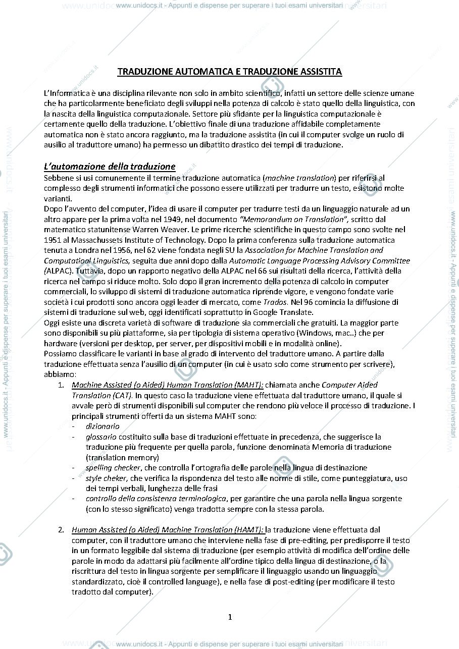 Anteprima pagina 1 — riassunti tecnologie per la traduzione 