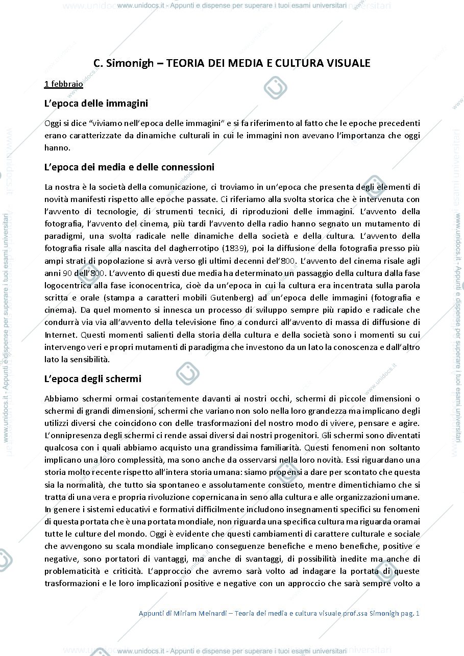 Anteprima pagina 1 — Appunti del corso Teoria dei media e cultura visuale