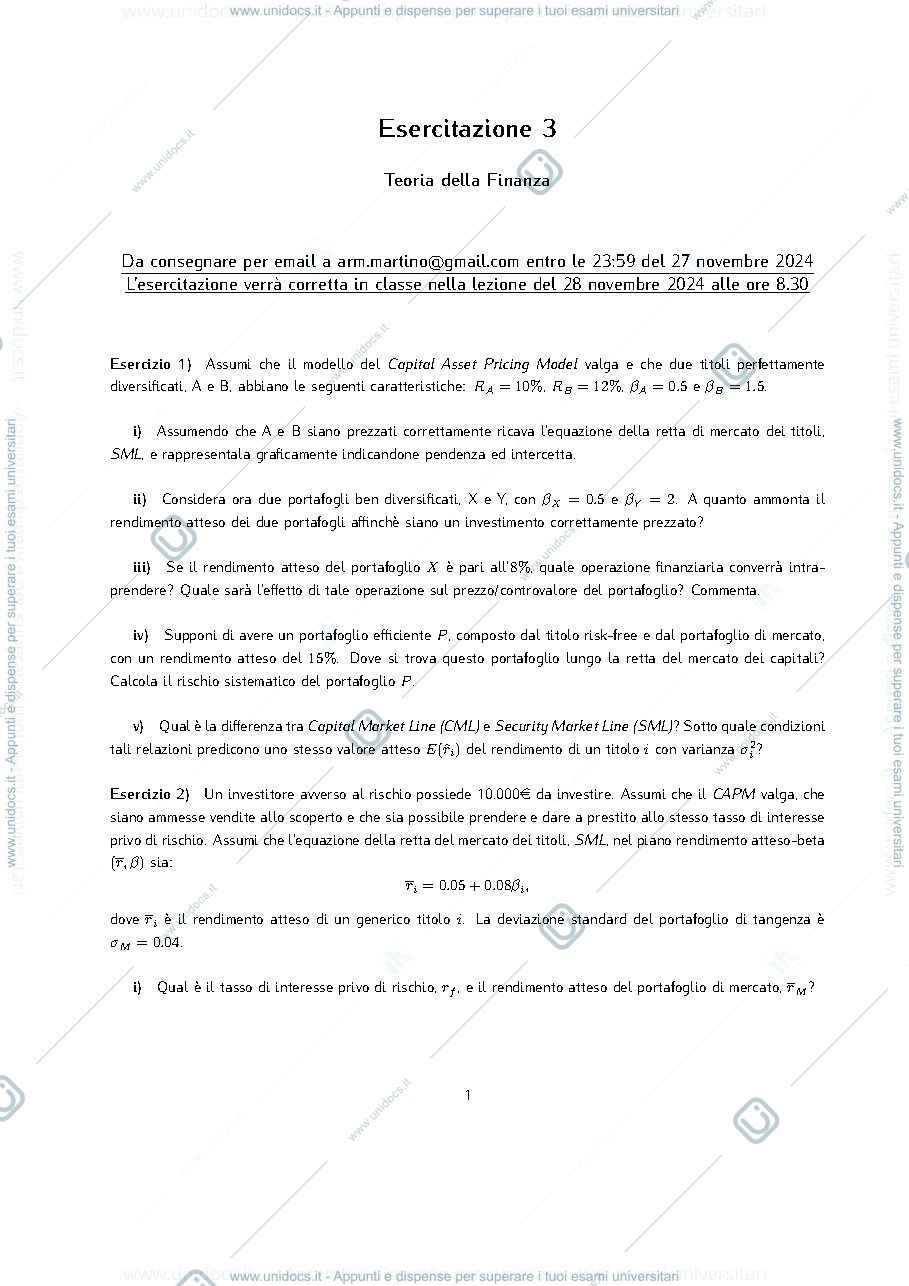 Anteprima pagina 1 — ESERCITAZIONE N° 3 - Teoria della finanza