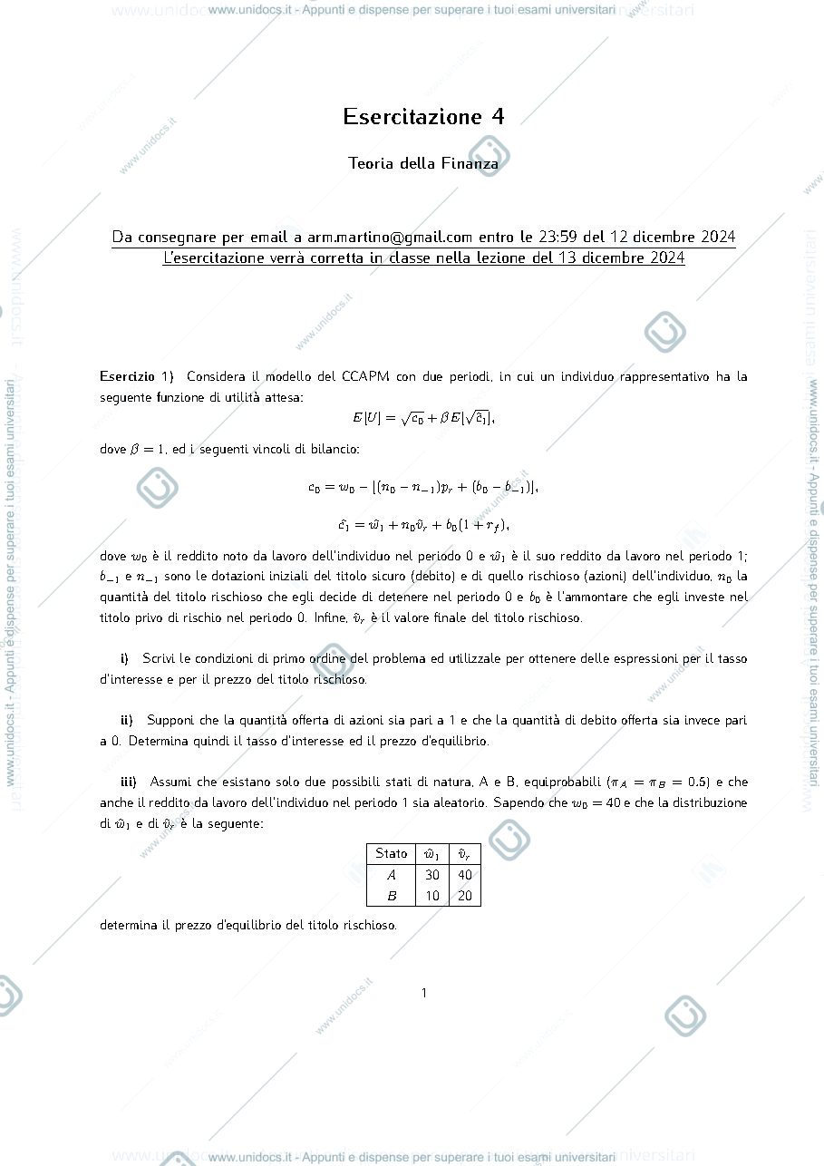 Anteprima pagina 1 — ESERCITAZIONE N° 4 - Teoria della finanza