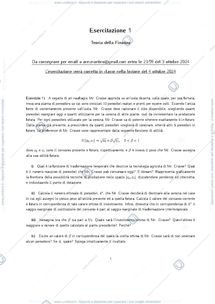 Anteprima pagina 1 — ESERCITAZIONE N° 1 Teoria della Finanza
