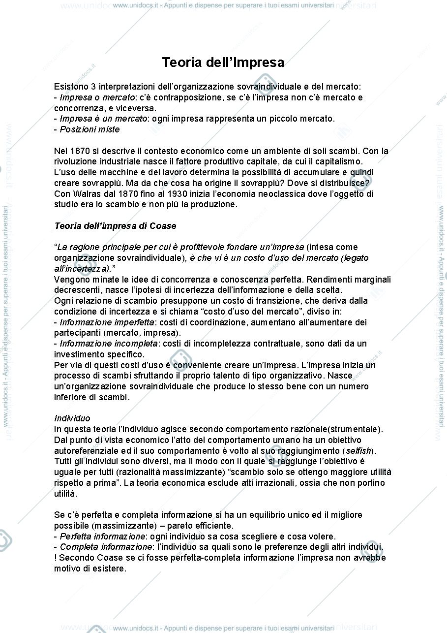 Anteprima pagina 1 — Appunti teoria dell'impresa