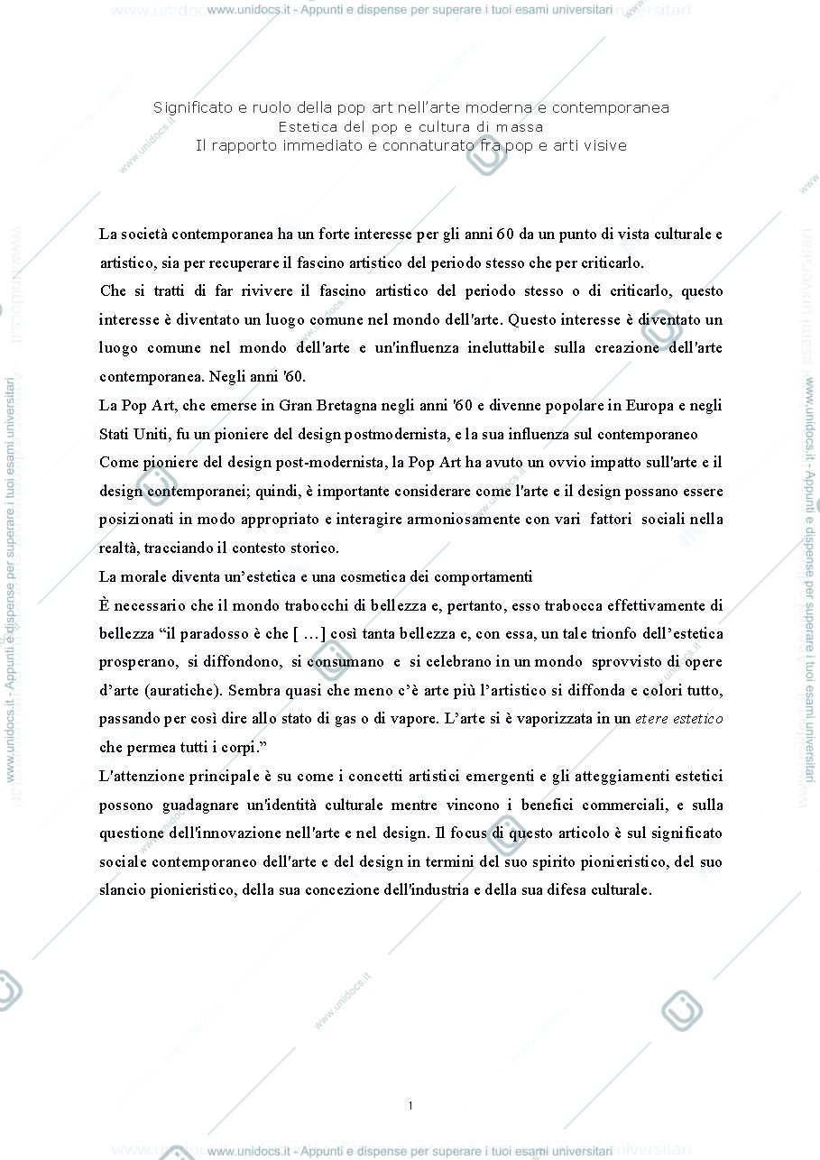 Anteprima pagina 1 — Significato e ruolo della pop art nell’arte moderna e contemporanea Estetica del pop e cultura di massa Il rapporto immediato e connaturato fra pop e arti visive