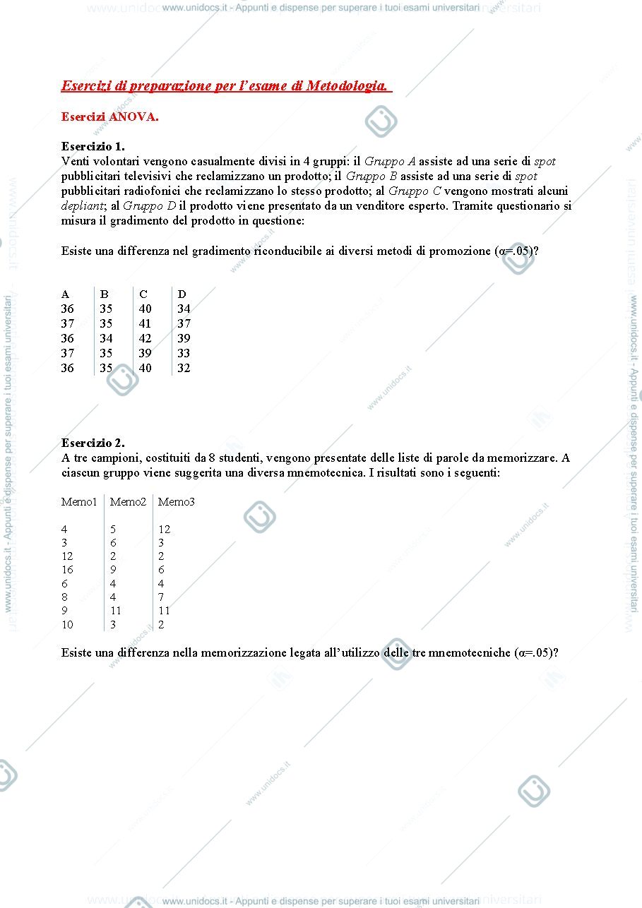Anteprima pagina 1 — Esercitazioni Metodologia della Ricerca Psicologica (Caudek/Primi)
