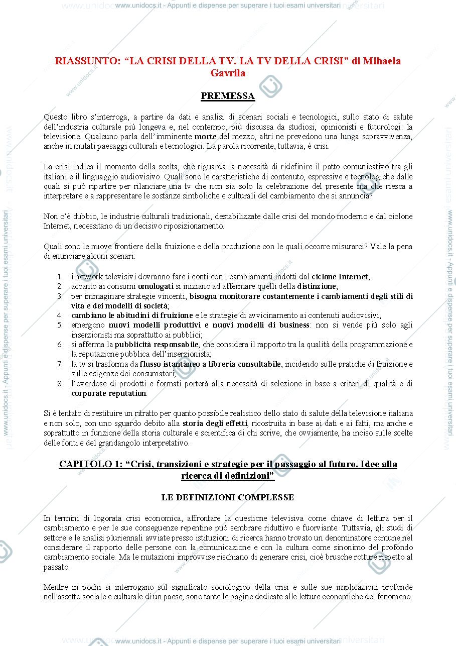 Anteprima pagina 1 — LA CRISI DELLA TV. LA TV DELLA CRISI