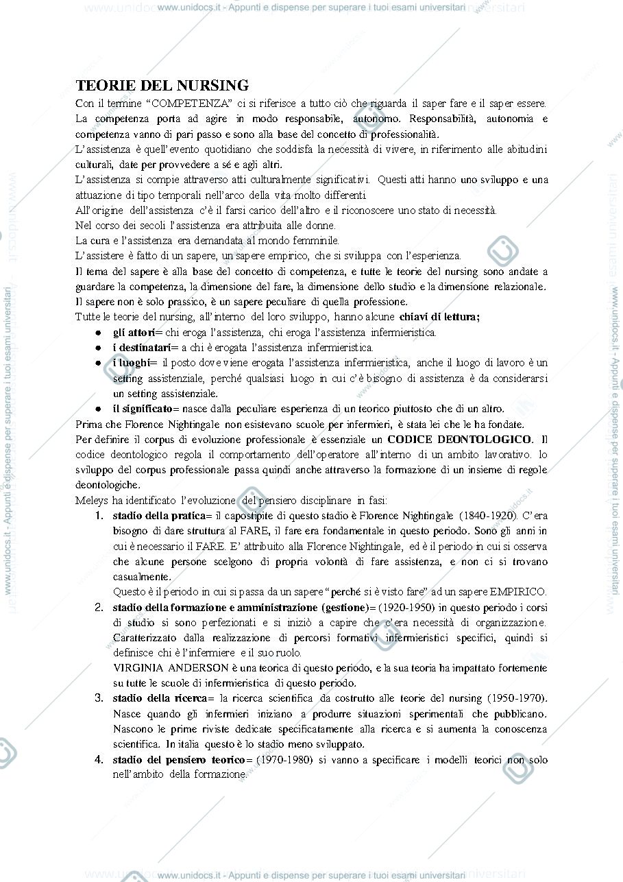 Anteprima pagina 1 — TEORIE DEL NURSING APPUNTI
