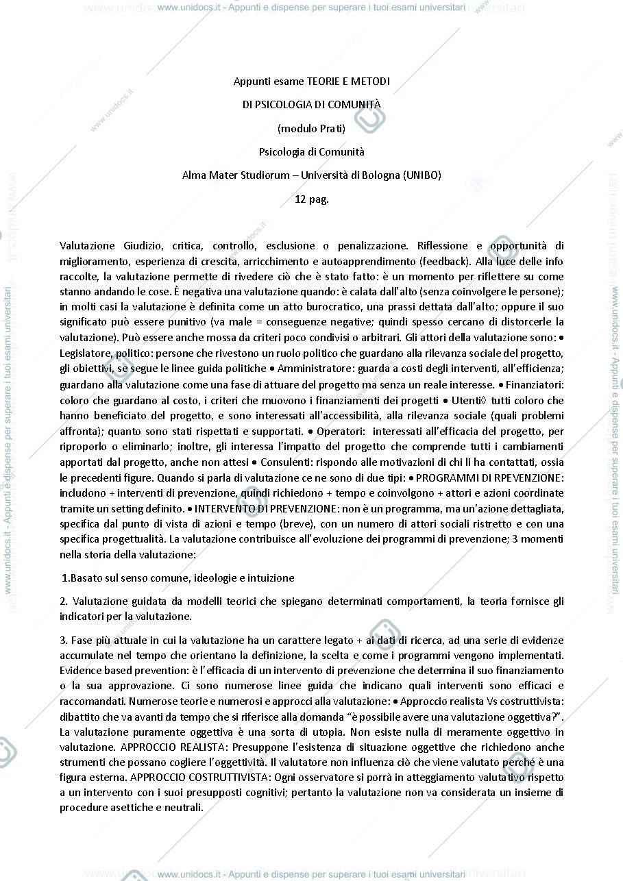 Anteprima pagina 1 — Appunti esame TEORIE E METODI DI PSICOLOGIA DI COMUNITÀ (modulo Prati)