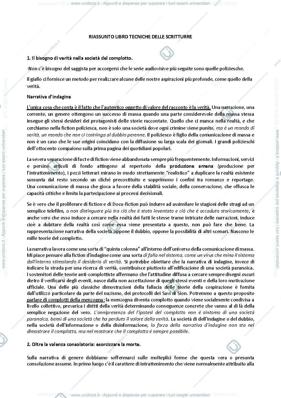 Anteprima pagina 1 — Riassunto libri Teorie e tecniche delle scritture