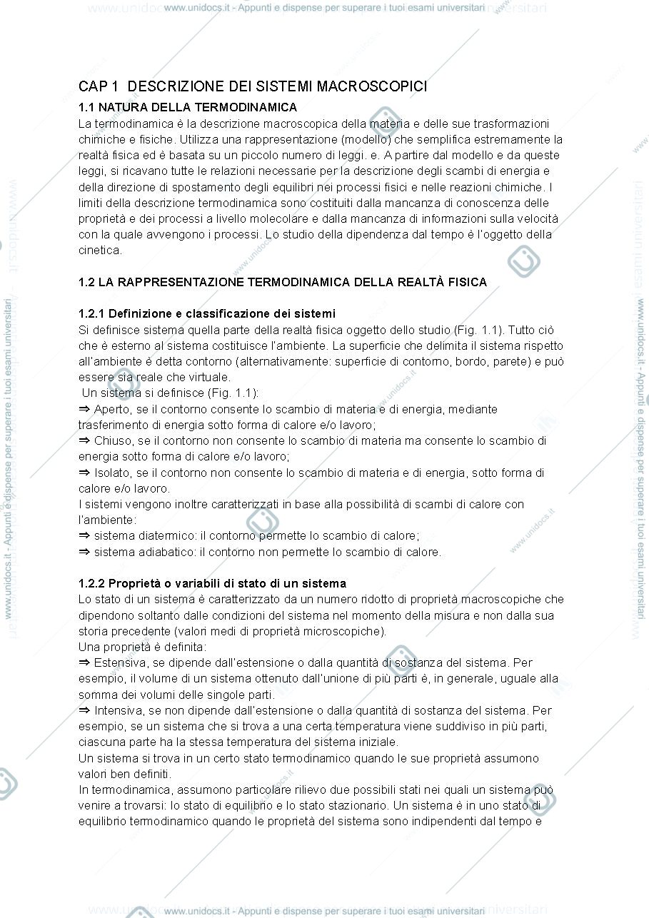 Anteprima pagina 1 — Appunti di chimica fisica 1 termodinamica