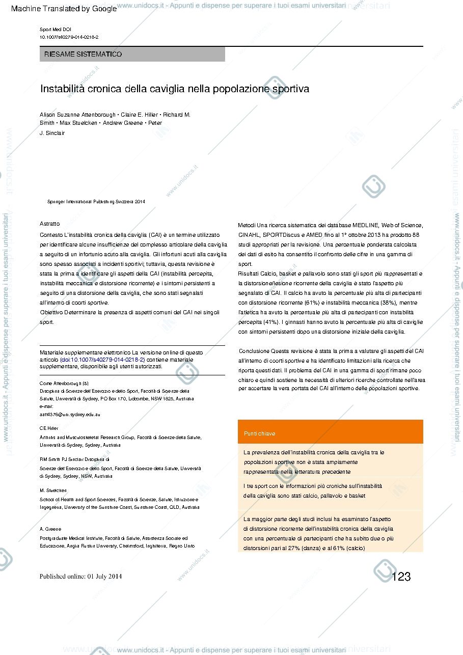 Anteprima pagina 1 — traduzione dell'articolo sulla distorsione di caviglia