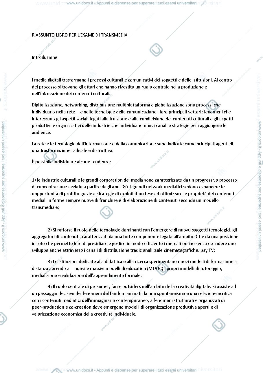 Anteprima pagina 1 — Riassunto transmedia