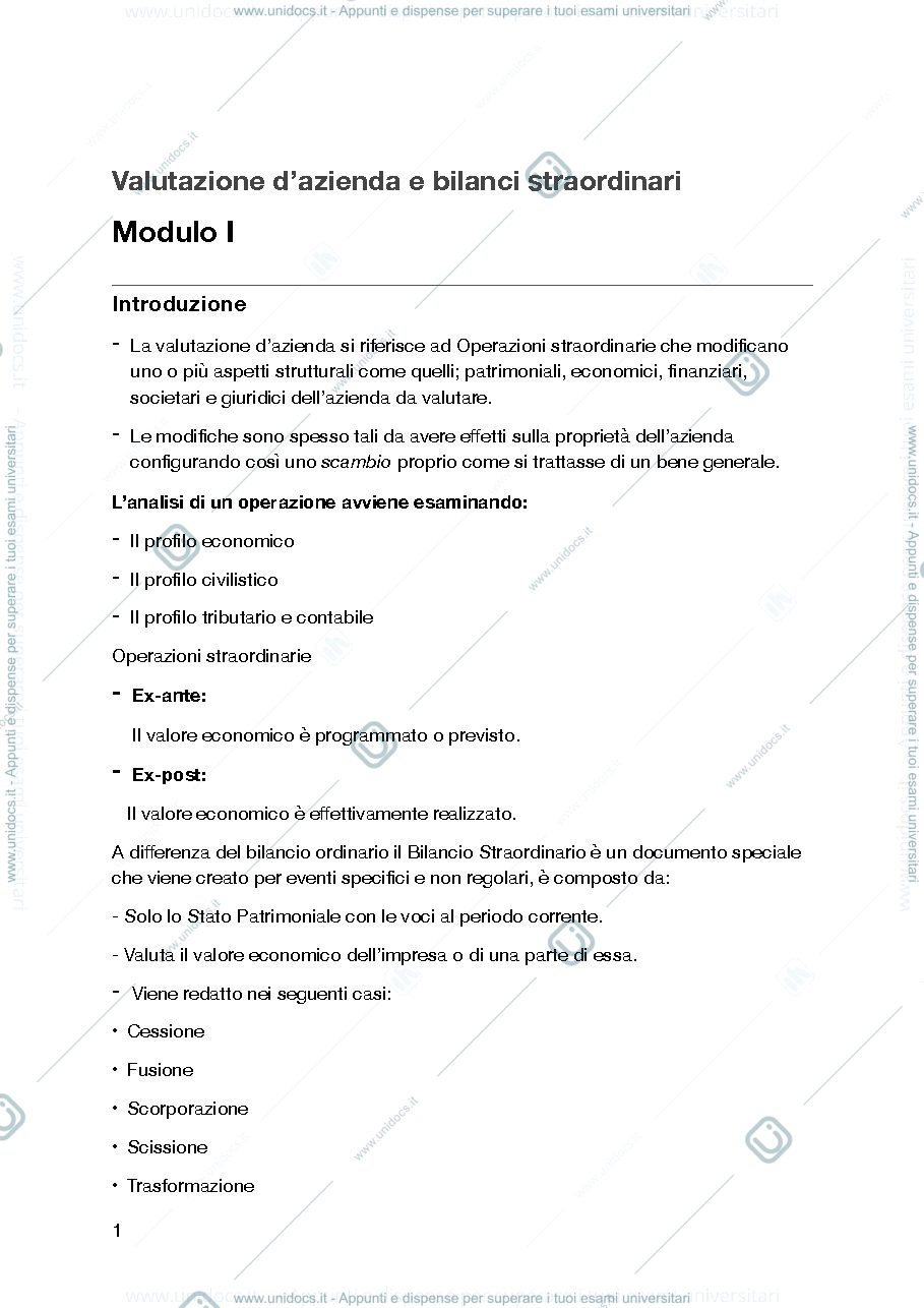 Anteprima pagina 1 — Valutazione d'azienda Modulo I