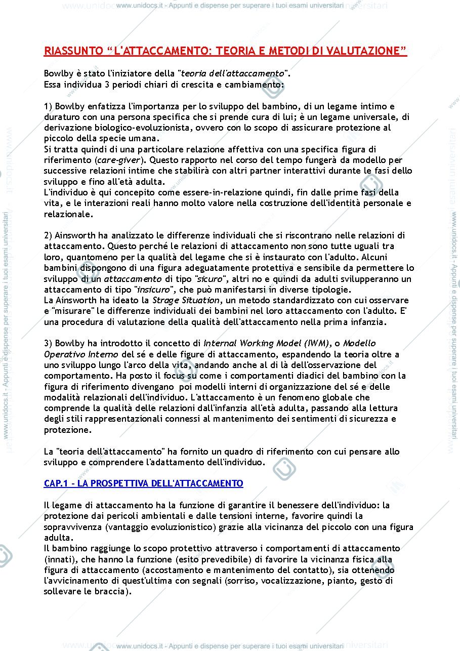 Anteprima pagina 1 — Riassunto cap.1 "L'Attaccamento: Teoria e Metodi di Valutazione"