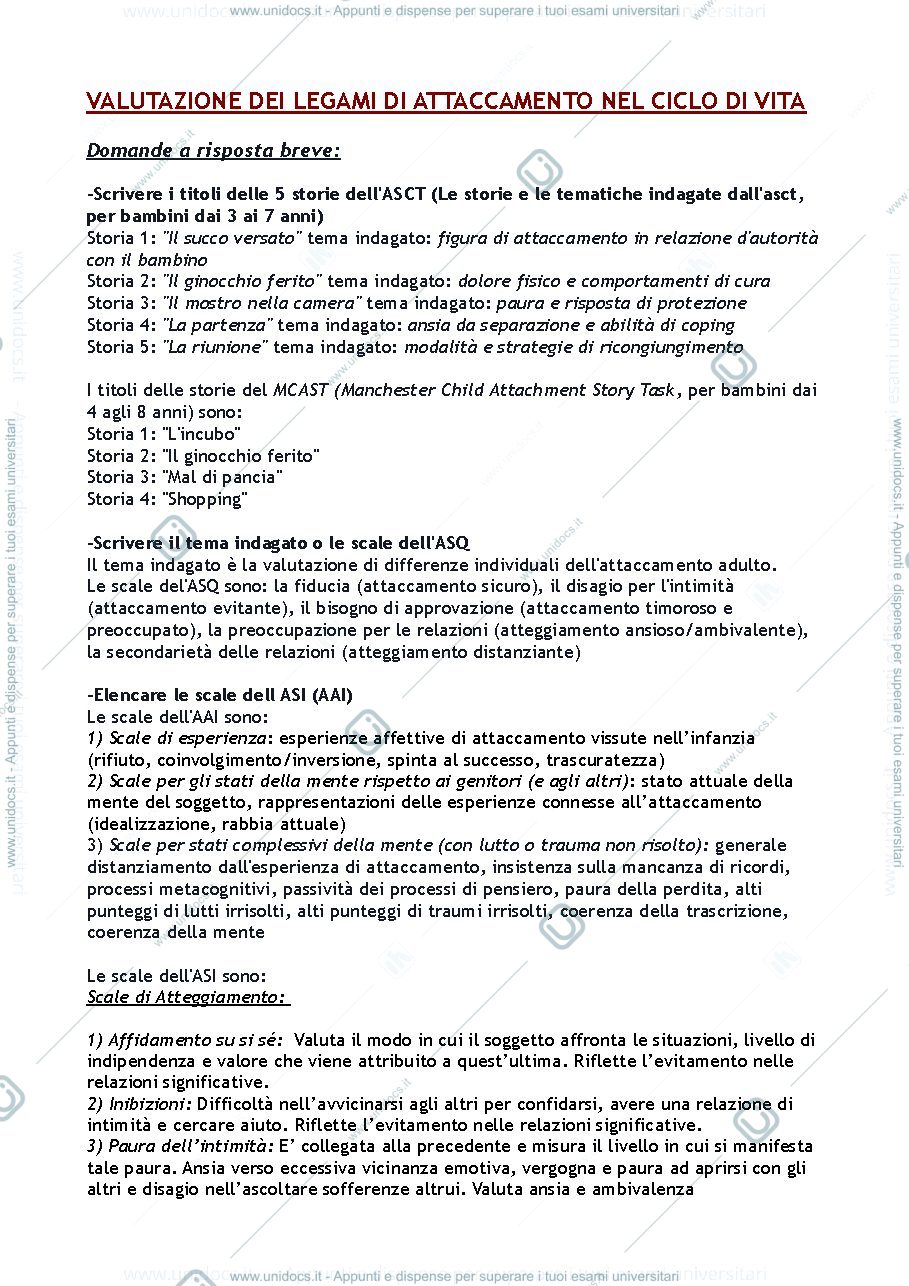 Anteprima pagina 1 — Domande esame "Valutazione dei Legami di Attaccamento nel Ciclo di Vita" (Tani)