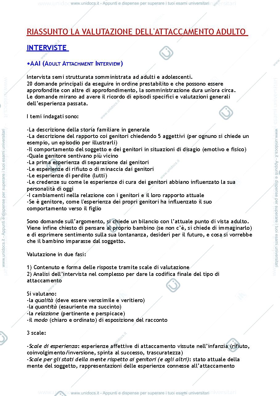 Anteprima pagina 1 — Riassunto "La Valutazione dell'Attaccamento Adulto"