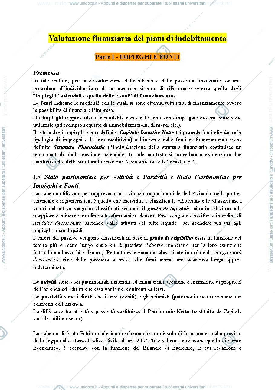 Anteprima pagina 1 — Valutazione finanziaria dei piani di indebitamento 