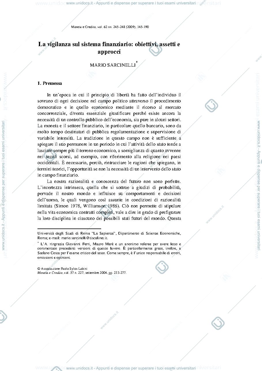 Anteprima pagina 1 — La vigilanza sul sistema finanziario: obiettivi, assetti e approcci