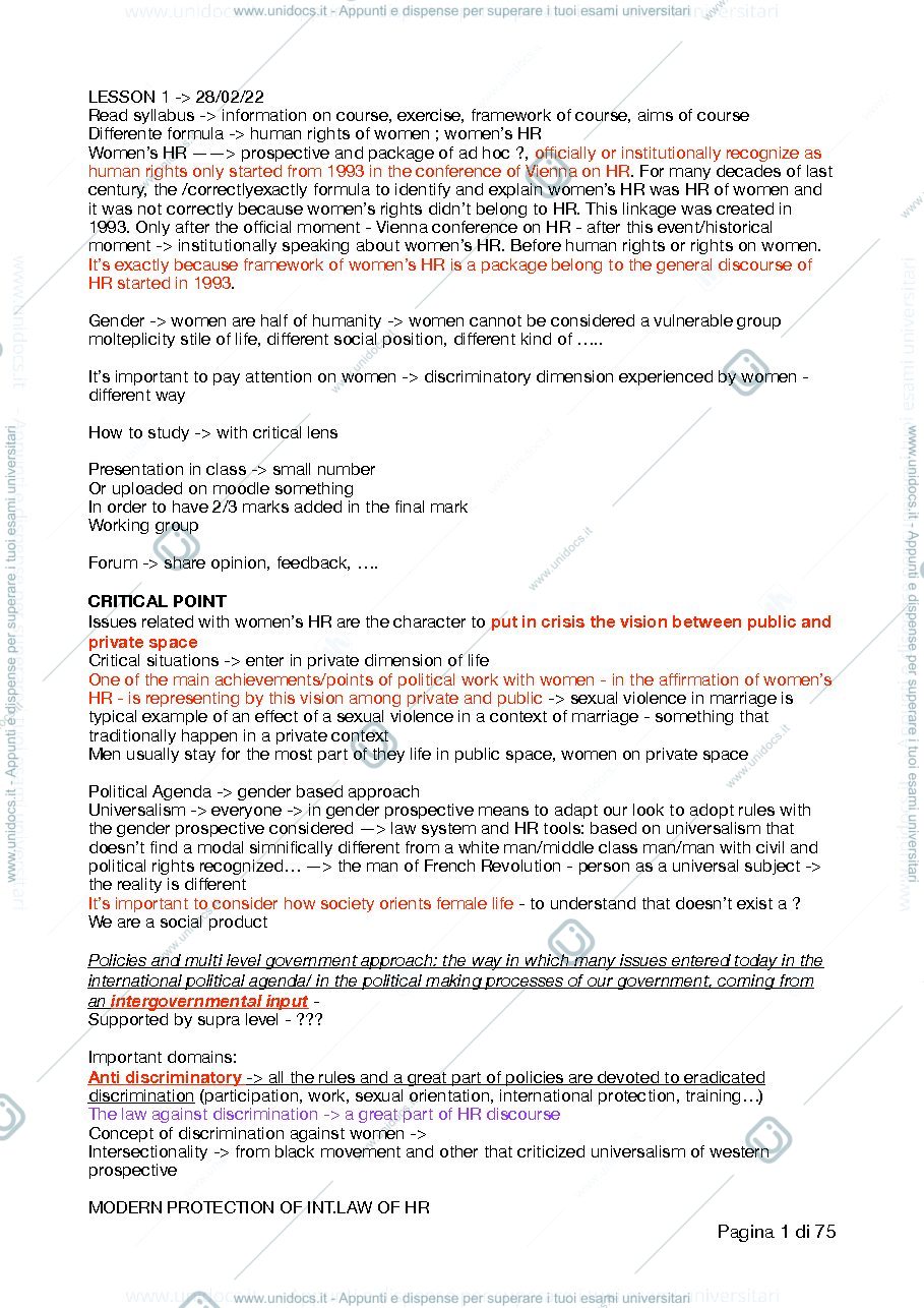 Anteprima pagina 1 — women's human rights - appunti 