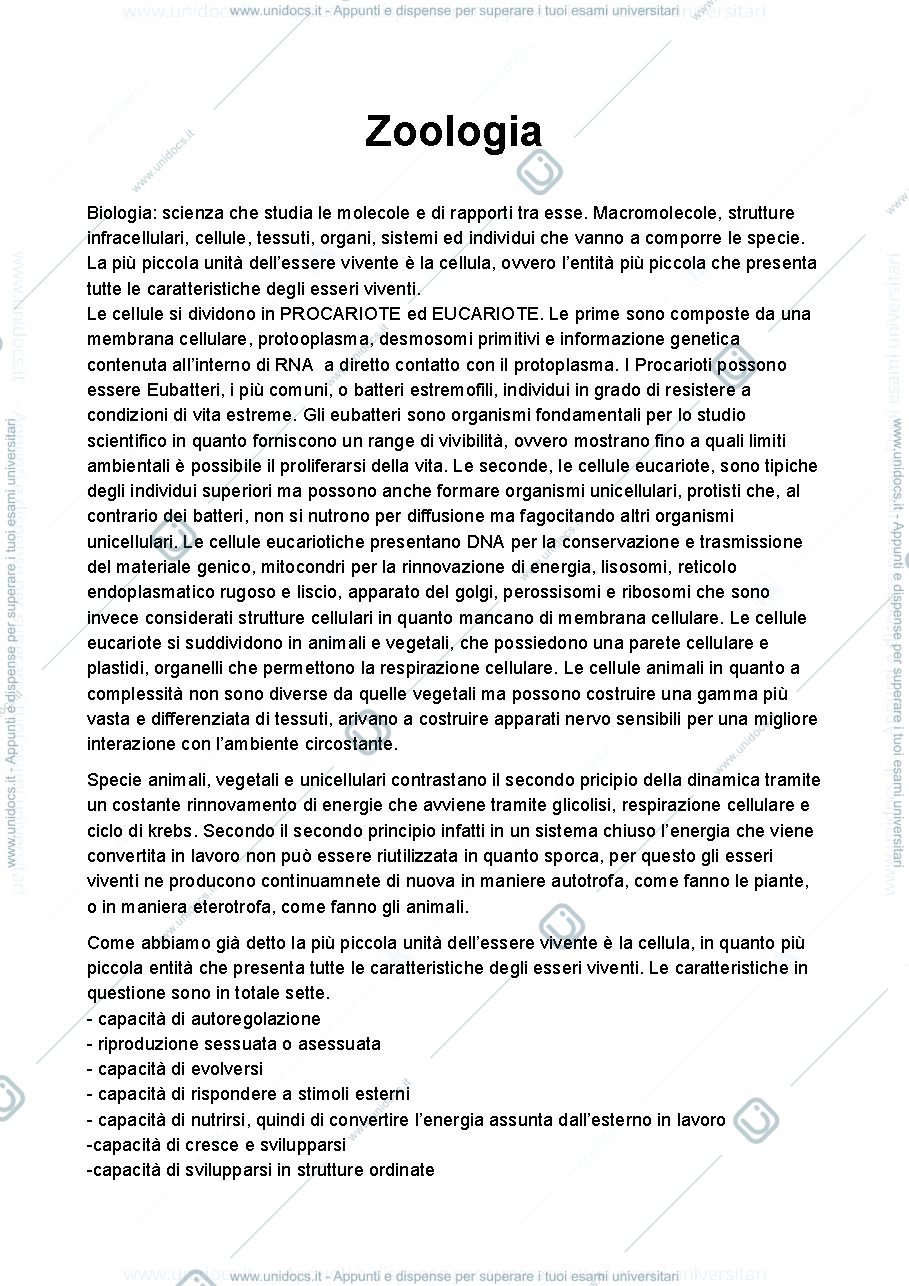 Anteprima pagina 1 — Zoologia appunti riassunti