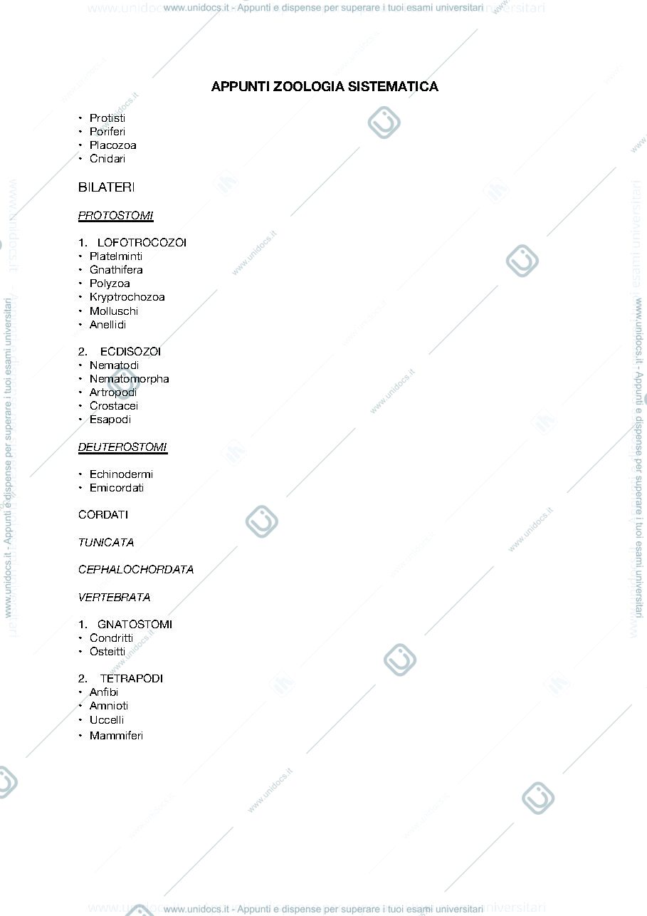Anteprima pagina 1 — APPUNTI ZOOLOGIA SISTEMATICA