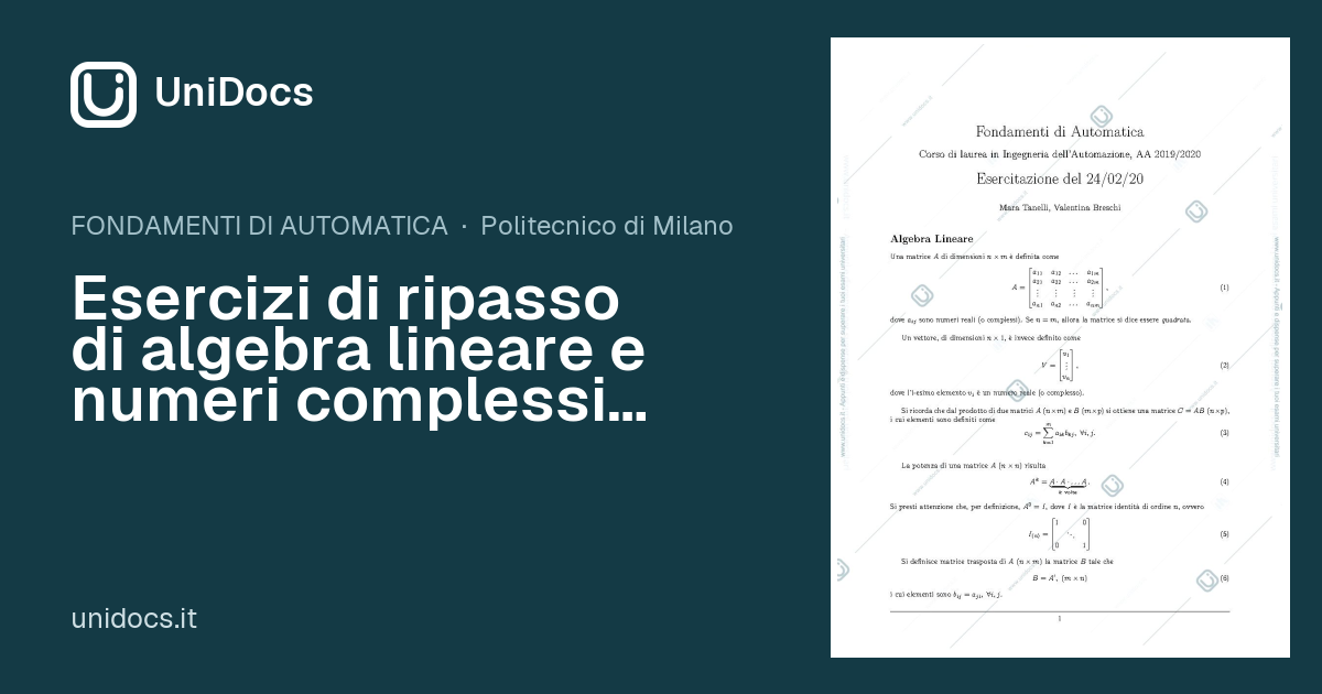 Esercizi di ripasso di algebra lineare e numeri complessi esercizi per ...